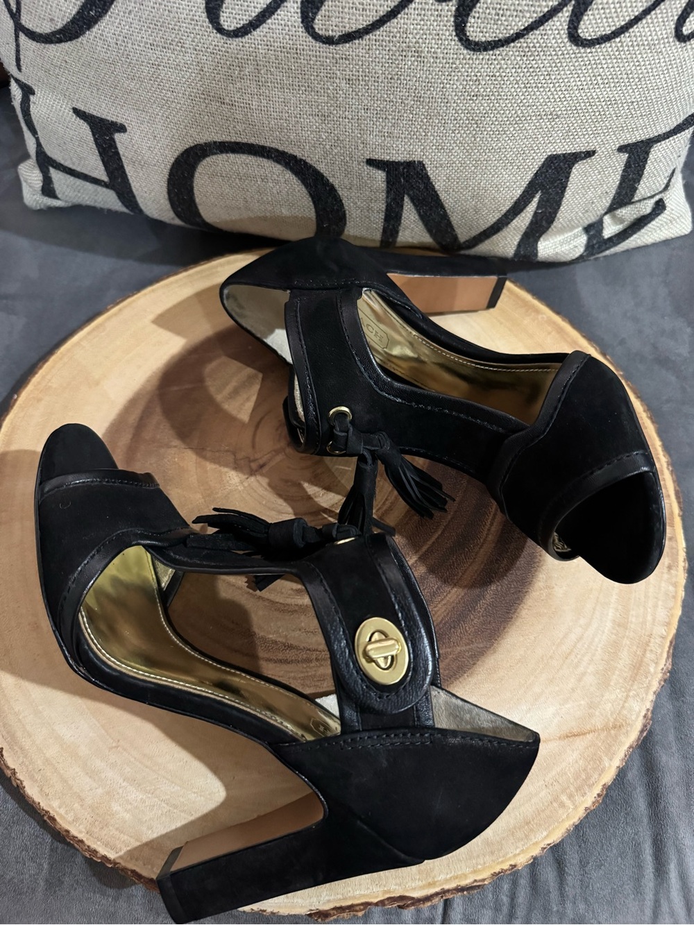 Coach Tristen Black Suede Tassel Block Heel Sandals with Gold Accent
